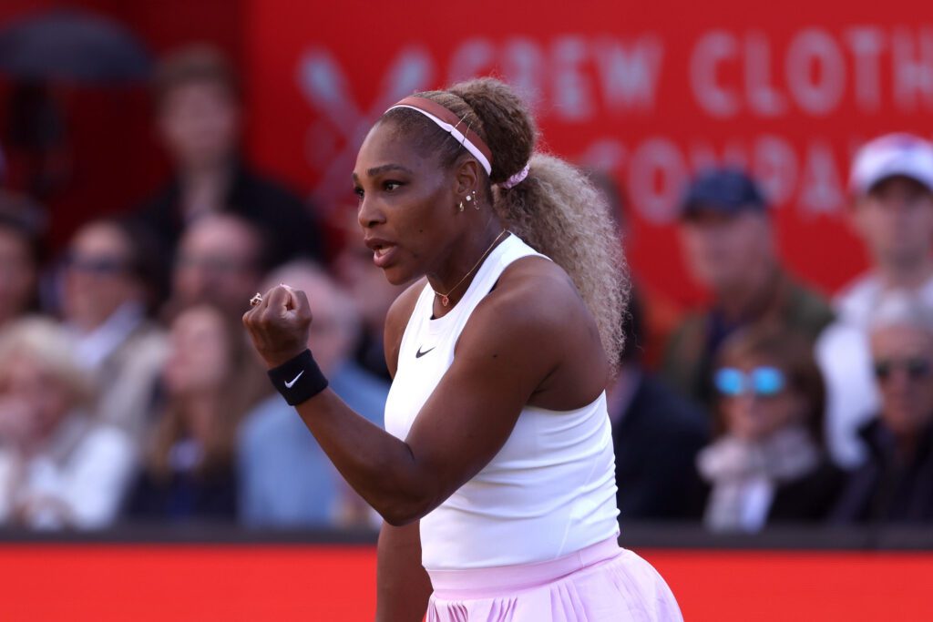 Serena Williams of the United States celebrates a point with Victoria Mboko of Canada (out of frame) against Nicole Melichar-Martinez of the United States and Erin Routliffe of New Zealand during the Women's Doubles first round match on Day Two of the HSBC Championships at The Queen's Club on June 09, 2026 in London, England.