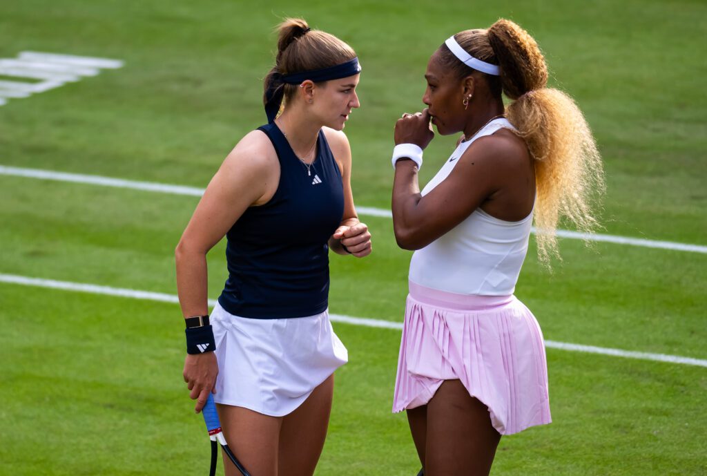 Serena Williams of the United States and Karolina Muchova of the Czech Republic in action against Giuliana Olmos of Mexico and Erin Routliffe of New Zealand in the first round of doubles on Day Two of the 2026 Berlin Tennis Open.