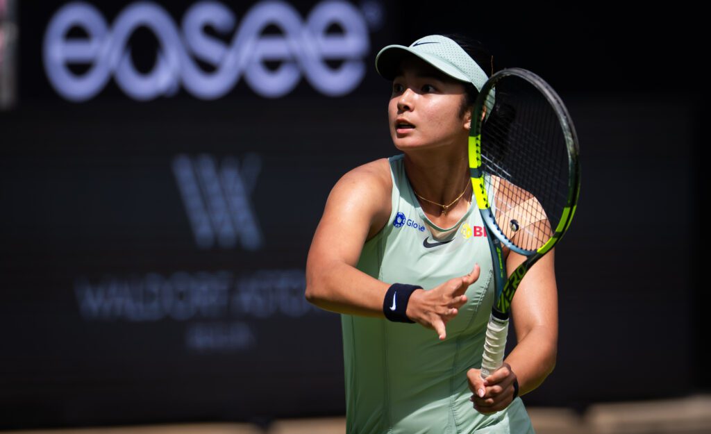 Alex Eala of the Philippines in action against Donna Vekic of Croatia in the first round on Day Three of the 2026 Berlin Tennis Open at LTTC Rot-Weiß e.V. on June 17, 2026 in Berlin, Germany