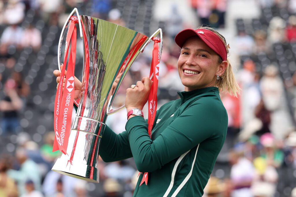 Donna Vekic of Croatia poses for a photo with the HSBC Championships 2026 Winners Trophy following victory over Emma Raducanu of Great Britain during the Women's Singles final match on Day Seven of the HSBC Championships at The Queen's Club.