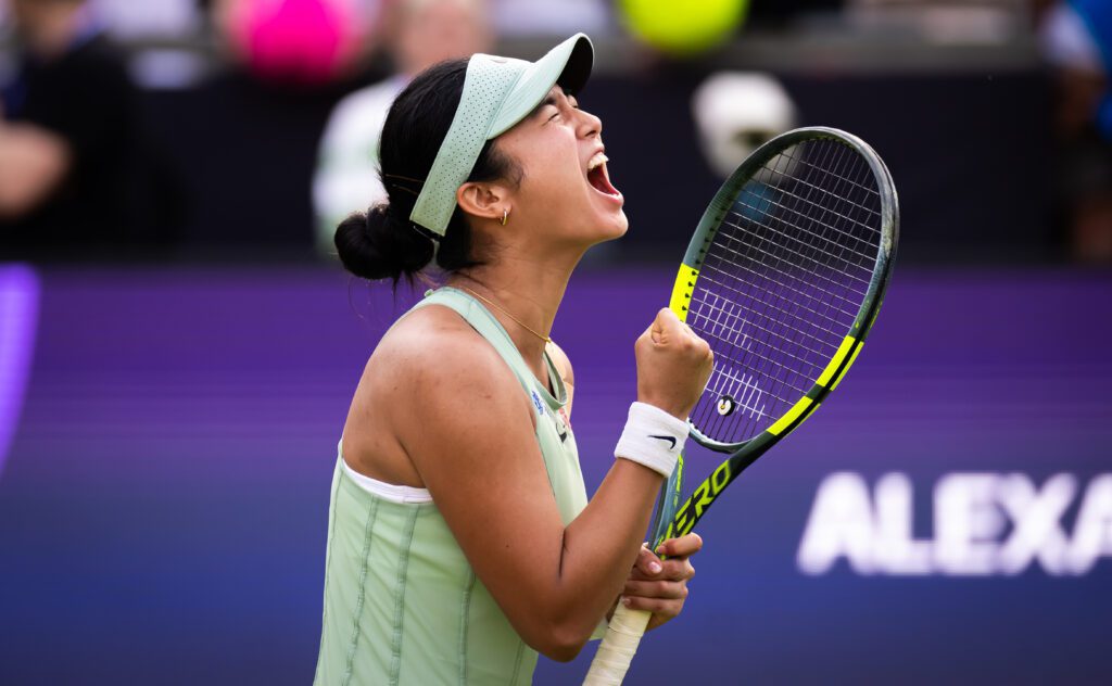 Alexandra Eala of the Philippines reacts to defeating Elena Rybakina of Kazakhstan in the second round on Day Four of the 2026 Berlin Tennis Open at LTTC Rot-Weiß e.V. on June 18, 2026 in Berlin, Germany.