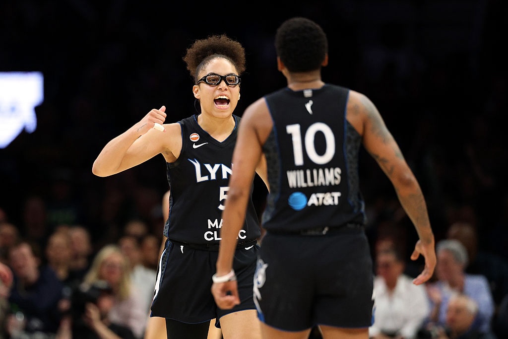 Olivia Miles #5 of the Minnesota Lynx reacts against the Portland Fire in the third quarter at Target Center on June 15, 2026 in Minneapolis, Minnesota. The Lynx defeated the Fire 107-74 ahead of tonight's WNBA Commissioner's Cup finale.