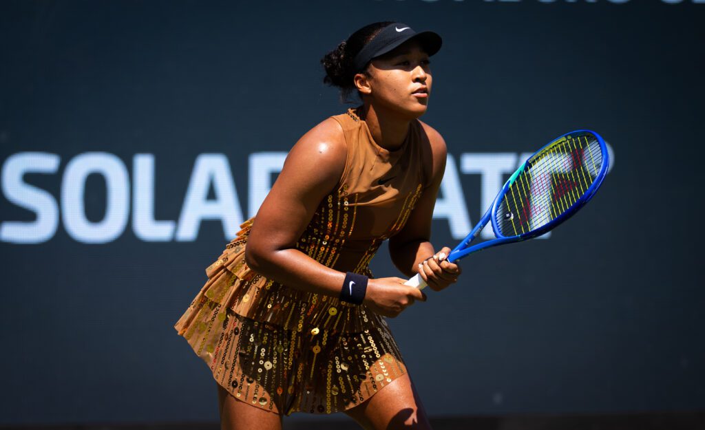 Naomi Osaka of Japan in action against Magdalena Frech of Poland in the first round on Day 2 of the Bad Homburg Open on June 22, 2026 in Bad Homburg, Germany.
