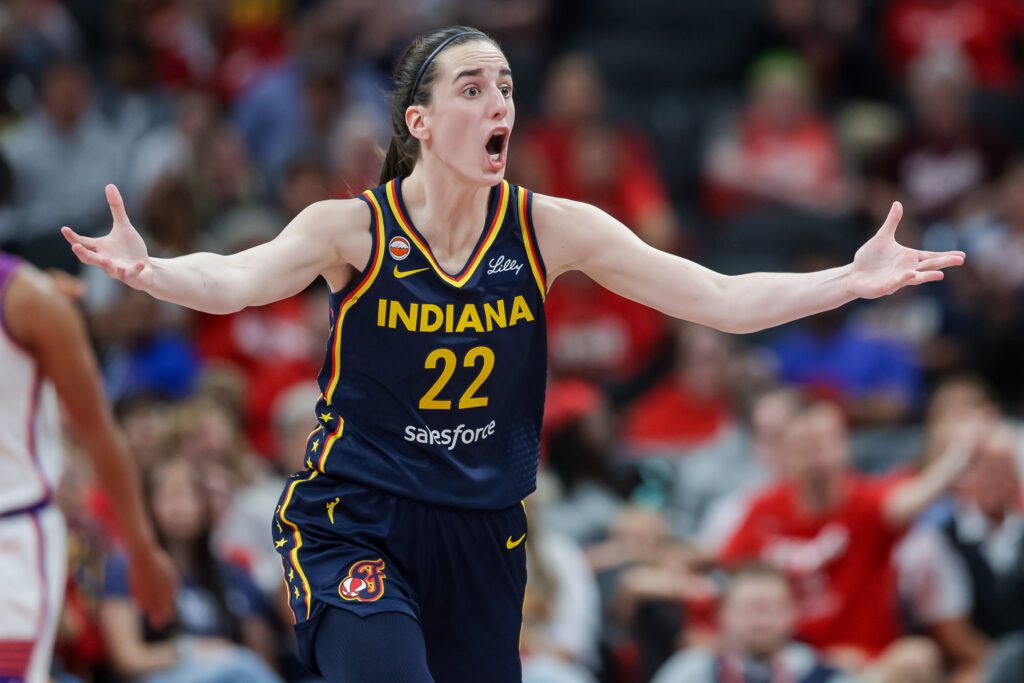 Caitlin Clark #22 of the Indiana Fever reacts during the second half against the Phoenix Mercury at Gainbridge.