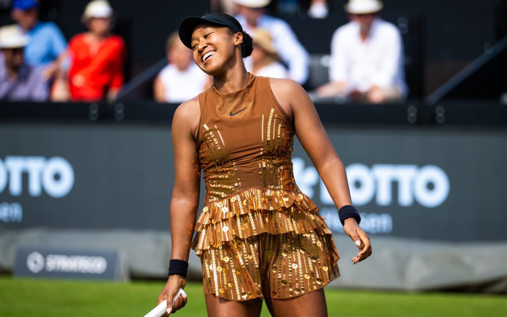 Naomi Osaka of Japan in action against Elise Mertens of Belgium in the second round on Day Three of the Bad Homburg Open on June 23, 2026 in Bad Homburg, Germany.