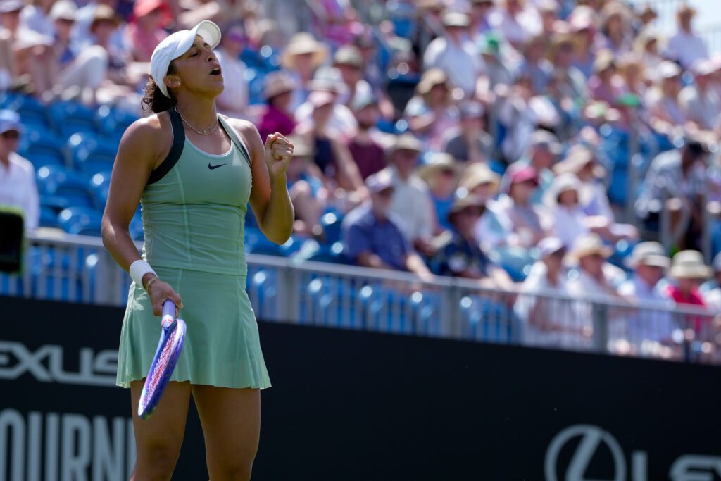 Madison Keys competes during her Round of 32 match against Talia Gibson at the 2026 Lexus Eastbourne Open Women's tennis tournament at the Devonshire Park Lawn Tennis Club.