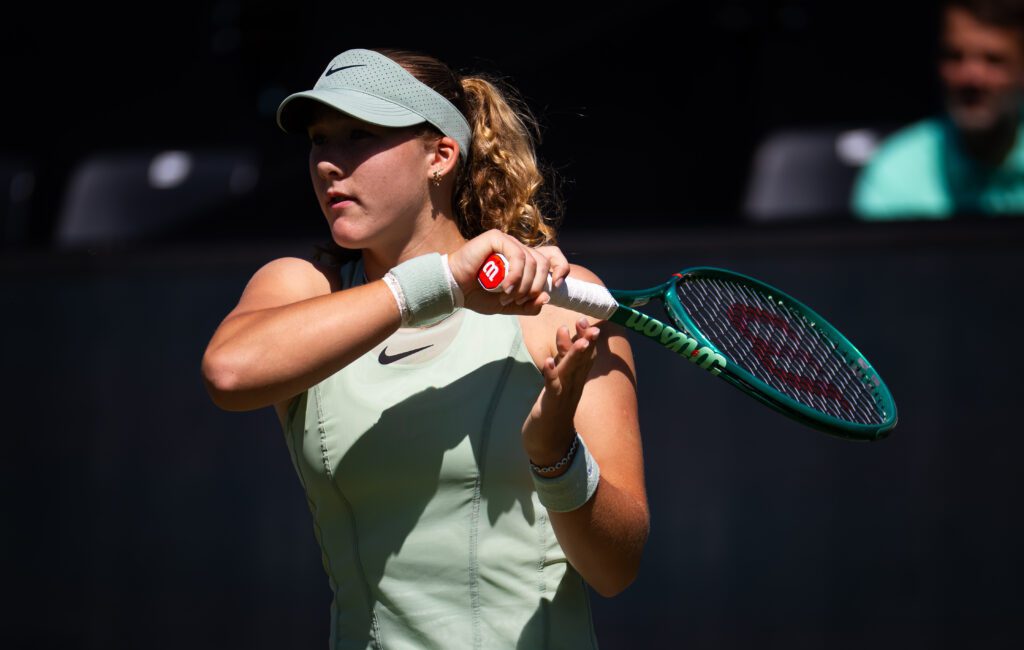 Mirra Andreeva in action against Ekaterina Alexandrova in the second round on Day Four of the Bad Homburg Open on June 24, 2026 in Bad Homburg, Germany.