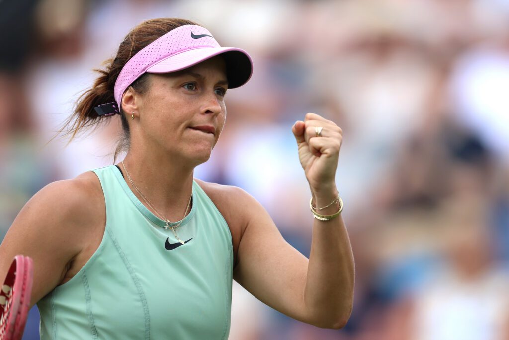 Tatjana Maria of Germany celebrates a point against Jelena Ostapenko of Latvia during the Women's Singles Semi-final match on centre court on day five of the Lexus Eastbourne