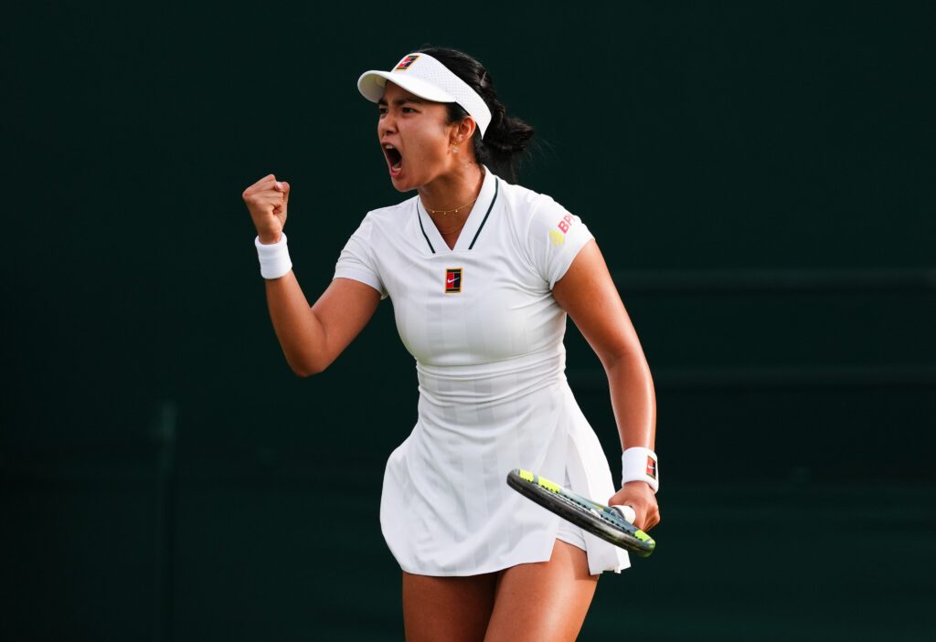 Alexandra Eala of the Philippines celebrates following her Ladies' Singles match against Renata Zarazua of Mexico on day two of the 2026 Wimbledon Championships at the All England Lawn Tennis and Croquet Club, London.