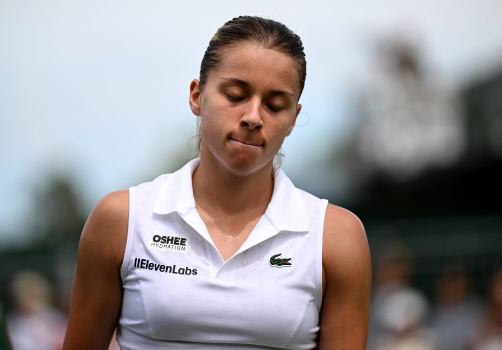 Maja Chwalińska of Poland reacts against Mananchaya Sawangkaew of Thailand during the Ladies' Singles first round match on day one of The Championships Wimbledon 2026.