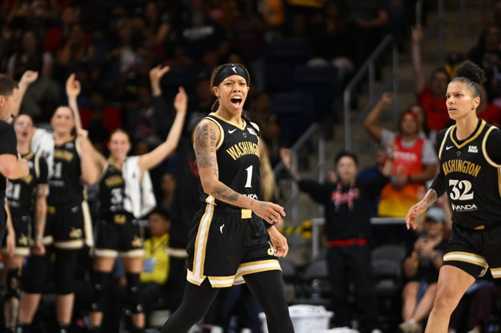 Washington Mystics guard Sug Sutton (1) reacts after making a three-point basket against the Phoenix Mercury during the fourth quarter at CareFirst Arena.