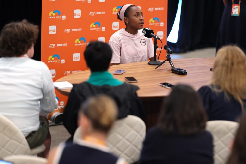 Coco Gauff (USA) speaks to the media during Media Day on Day 1 of the 2026 Miami Open at Hard Rock Stadium.