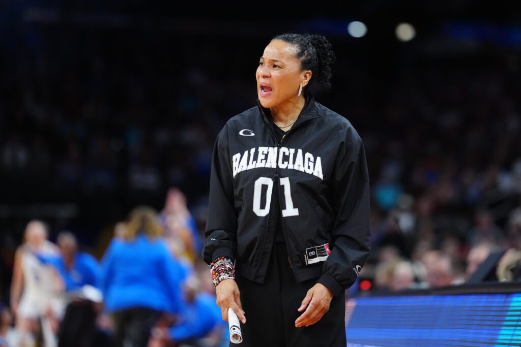 South Carolina Gamecocks head coach Dawn Staley looks on in the second half against the UCLA Bruins during the National Championship game of the women's 2026 NCAA Tournament at Mortgage Matchup Center.