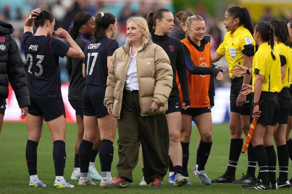 United States head coach Emma Hayes (center) walks on the pitch after defeating Japan at PayPal Park before the USWNT vs Brazil friendlies.