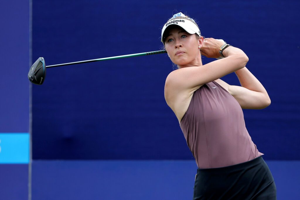 Nelly Korda hits a tee shot on the first hole during the final round of The Chevron Championship golf tournament.