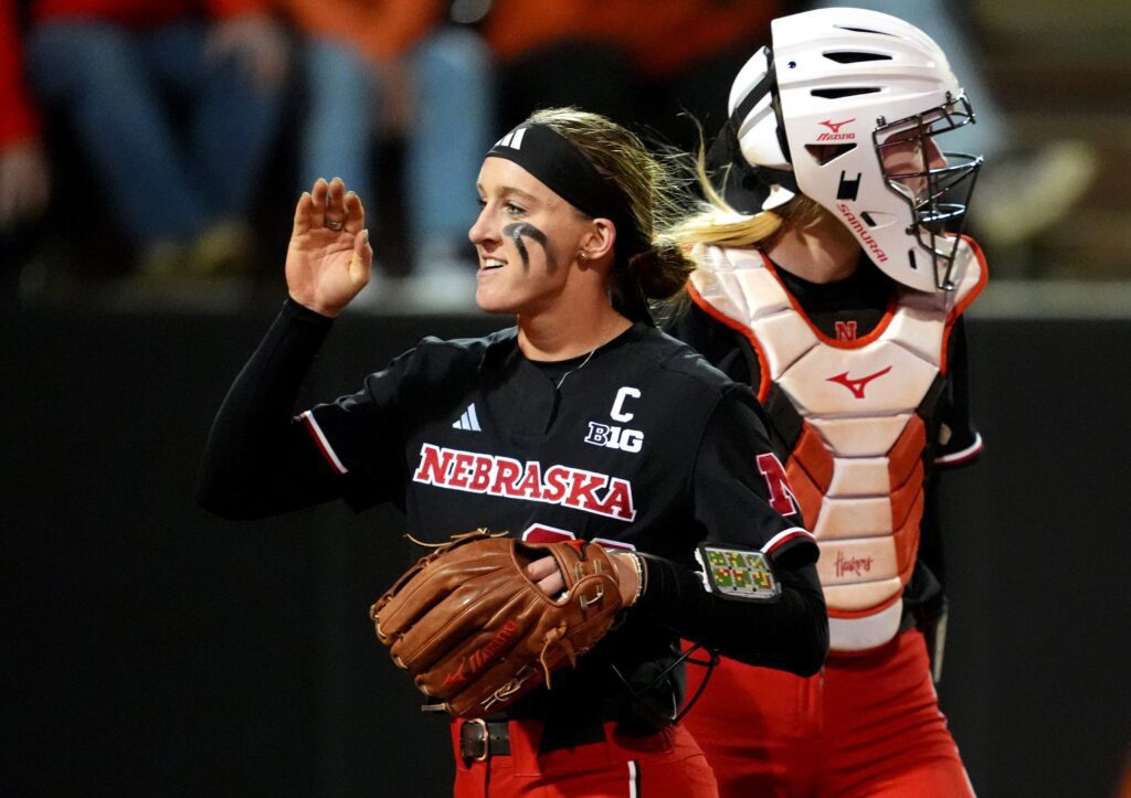 Nebraska's Jordy Frahm (98) celebrates during the college softball game between the Oklahoma State University Cowgirls and the Nebraska Cornhuskers.