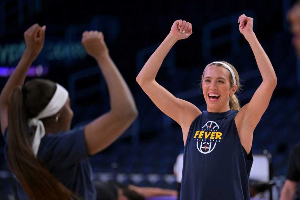 Indiana Fever guard Lexie Hull (10) warms up prior to the game against the Los Angeles Sparks at Crypto.com Arena. 