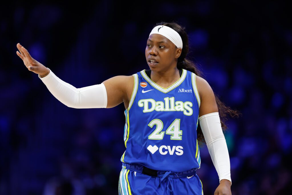 Dallas Wings guard Arike Ogunbowale (24) reacts after a play against the Washington Mystics during the first half at College Park Center.