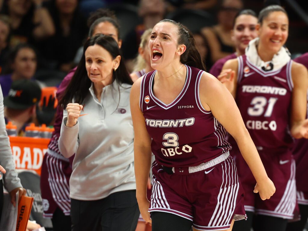 Toronto Tempo guard Marina Mabrey (3) celebrates a three point shot alongside head coach Sandy Brondello against the Phoenix Mercury in the second half at Mortgage Matchup Center.