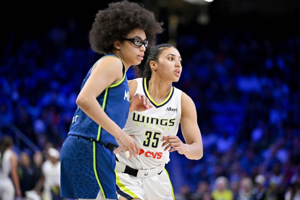 Minnesota Lynx guard Olivia Miles (5) and Dallas Wings guard Azzi Fudd (35) look on during the game between the Wings and the Lynx at College Park Center before the Lynx vs Wings WNBA Commissioner's Cup game.