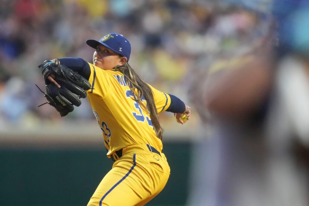 Future WPBL star Kelsie Whitmore (33) of the Savannah Bananas pitches against the Texas Tailgaters in a Banana Ball game at Neyland Stadium on May 23, 2026, in Knoxville, Tennessee.