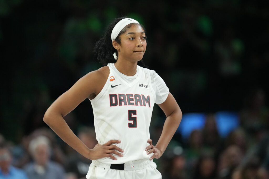 Atlanta Dream forward Angel Reese (5) looks on against the Minnesota Lynx in the first half at Target Center.