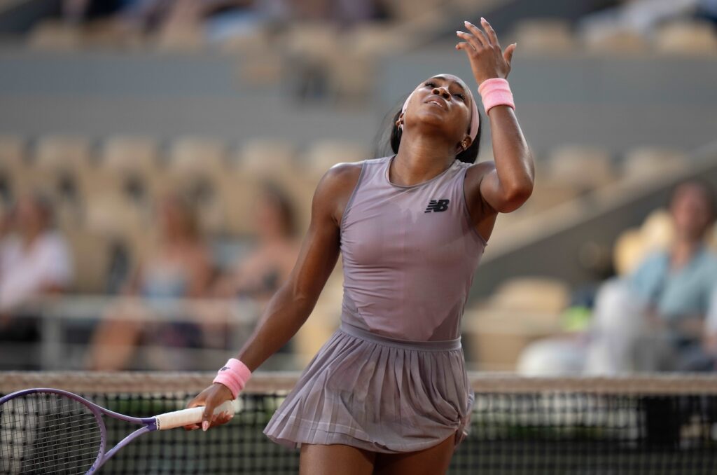 Coco Gauff of the United States reacts during her match against Anastasia Potapova of Austria on day seven at Stade Roland Garros ahead of Sabalenka vs Osaka clash.