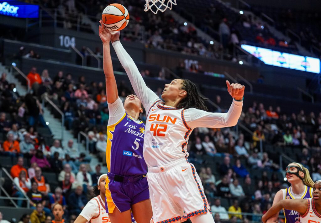 Connecticut Sun center Brittney Griner (42) defends against Los Angeles Sparks forward Dearica Hamby (5) in the first half at PeoplesBank Arena.