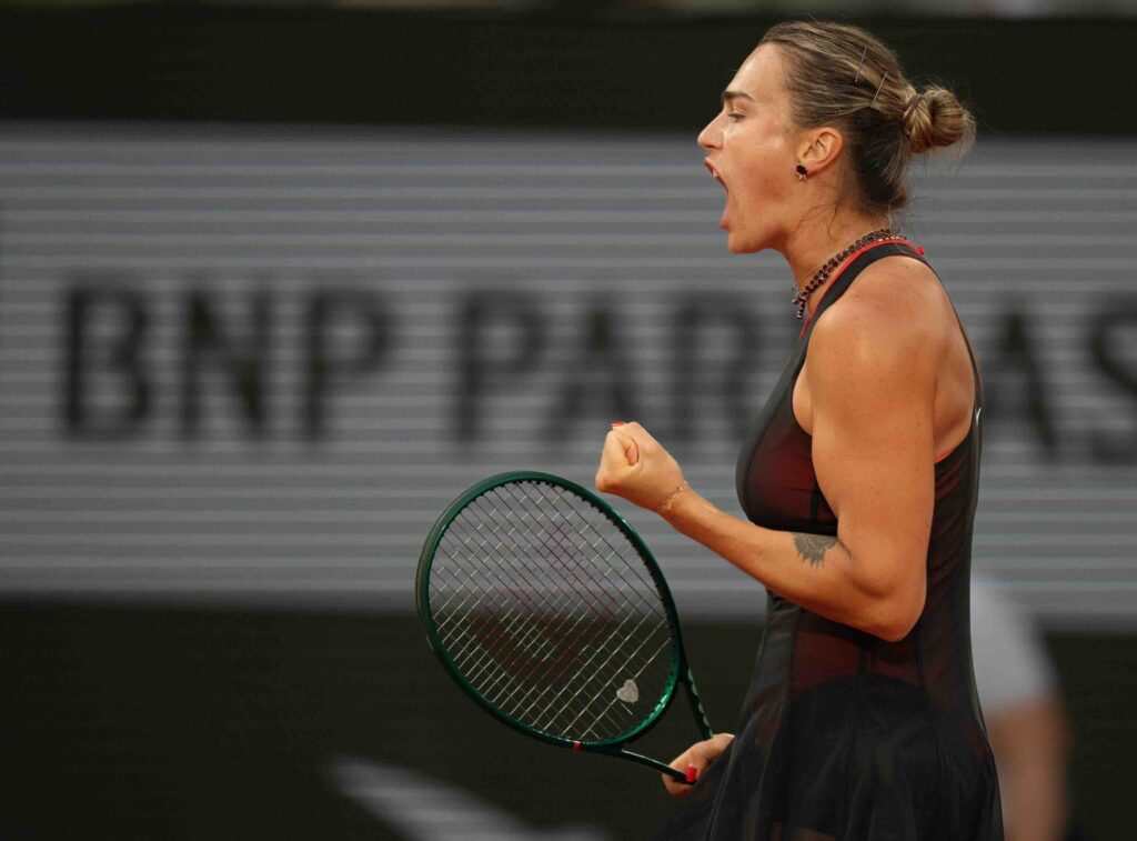 Aryna Sabalenka reacts during her Sabalenka vs Osaka match against Naomi Osaka of Japan on day nine at Stade Roland Garros at the 2026 French Open.