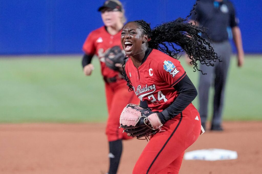 Texas Tech pitcher Nijaree Canady (24) celebrates getting a strikeout in the first inning of the second softball game between Texas Tech and Alabama at the Women‚Äôs College World Series at Devon Park in Oklahoma City, on Monday, June 1, 2026.