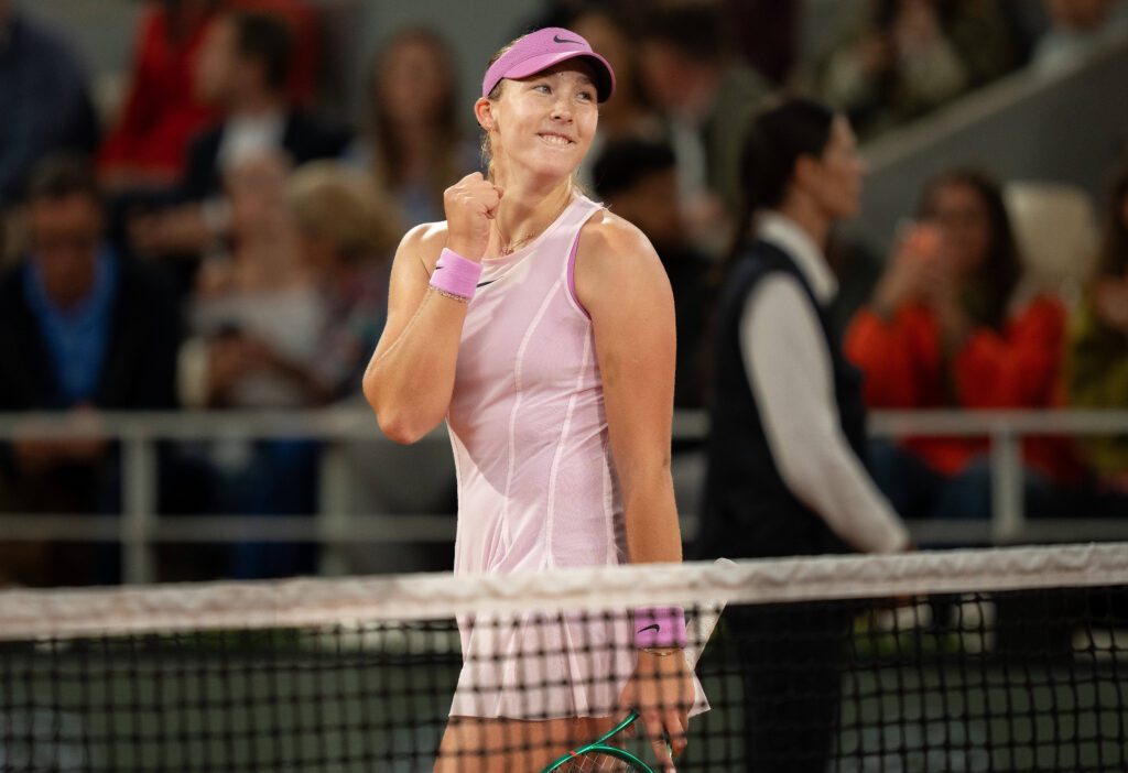 Mirra Andreeva celebrates winning her match against Sorana Cirstea of Romania on day 10 at Stade Roland Garros.
