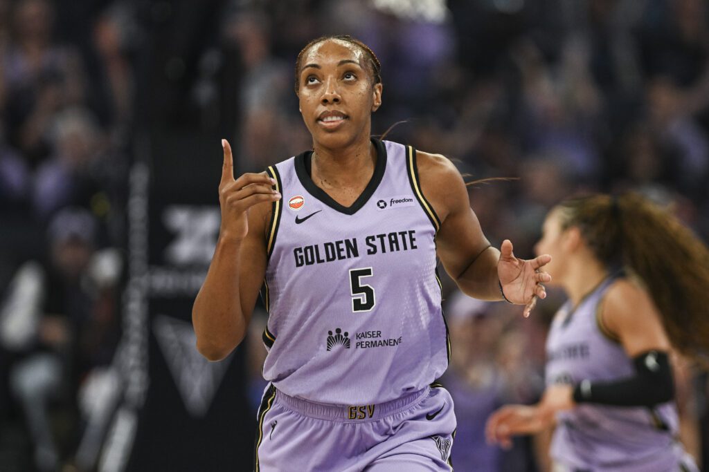 Golden State Valkyries forward Kayla Thornton (5) reacts after a three point basket during the first quarter at Chase Center.