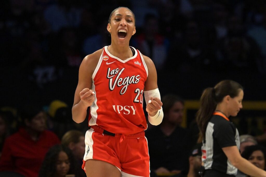 Las Vegas Aces center A'ja Wilson (22) after a basket during the second half against the Los Angeles Sparks at Crypto.com Arena.