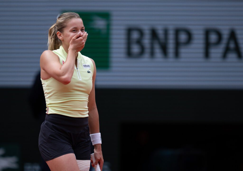 Maja Chwalinska of Poland celebrates winning her match against Anna Kalinskaya on day 10 at Stade Roland Garros.