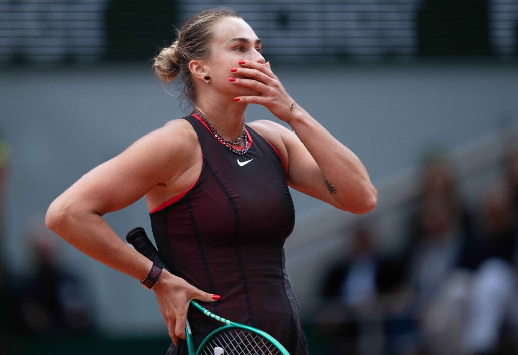 Aryna Sabalenka reacts during her match against Diana Shnaider on day 11 at Stade Roland Garros.