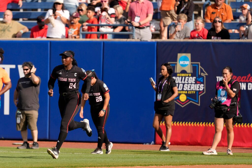 WCWS and Texas Tech Red Raiders pitcher Nijaree Canady warms up before Game 1 of the NCAA softball Women's College World Series finals between the Texas Longhorns and the Texas Tech Red Raiders at Devon Park in Oklahoma City, Wednesday, June 3, 2026.