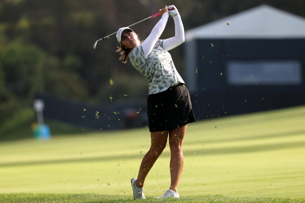 Jennifer Kupcho hits a second shot on the eighteenth hole during the first round of the U.S. Women's Open golf tournament at Riviera Country Club.