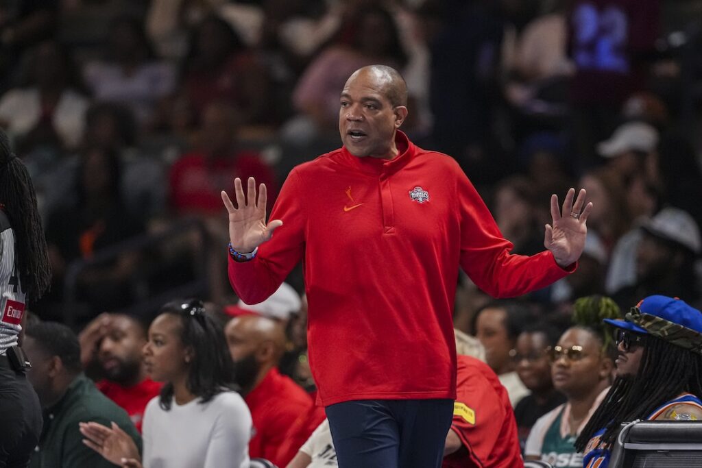 ead coach Sydney Johnson reacts during the game against the Atlanta Dream at Gateway Center at College Park.