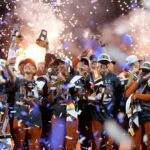 The Texas Longhorns celebrate after winning the NCAA softball Women's College World Series championship over the Texas Tech Red Raiders at Devon Park in Oklahoma City, June 4, 2026 to score record WCWS viewership.