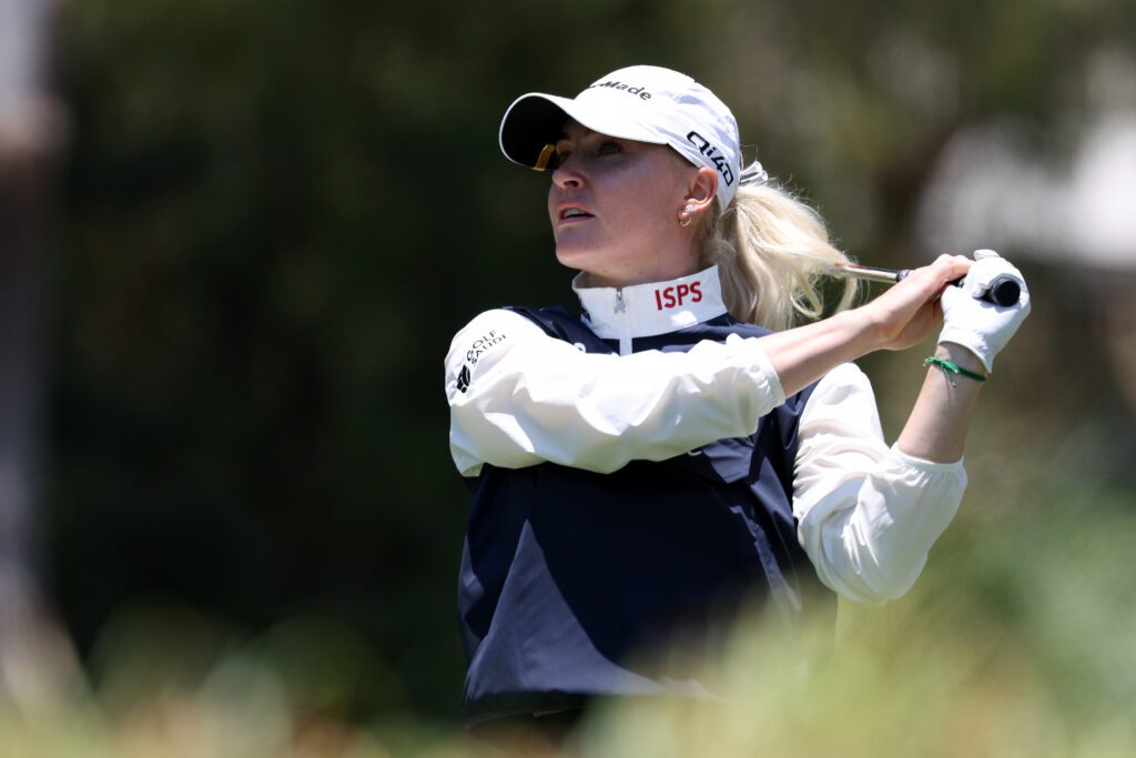Charley Hull looks on after hitting her tee shot from the fourth tee during the final round of the U.S. Women's Open golf tournament at Riviera Country Club.