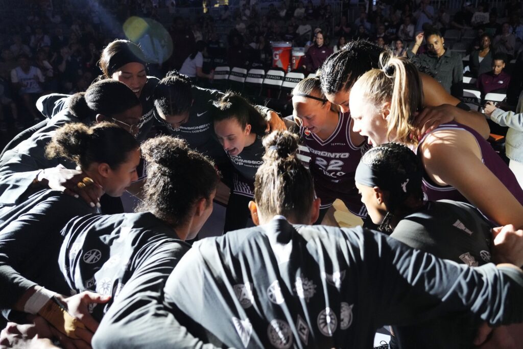 Toronto Tempo huddle up before the start of the game against the Chicago Sky at Coca-Cola Coliseum.