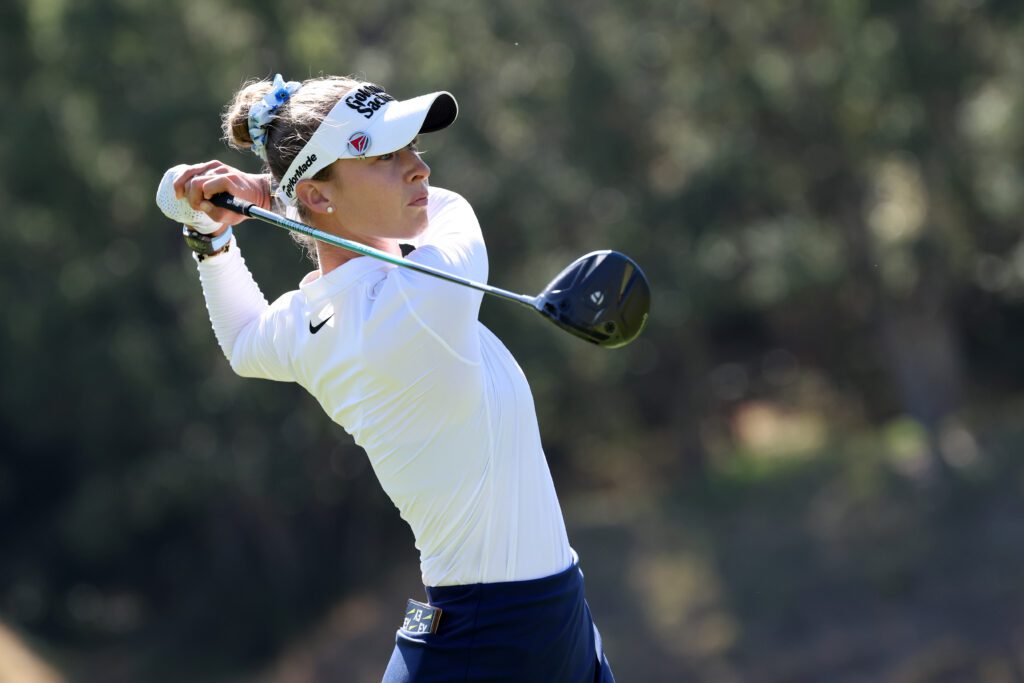 Nelly Korda hits her tee shot from the 17th tee during the final round of the U.S. Women's Open golf tournament at Riviera Country Club.