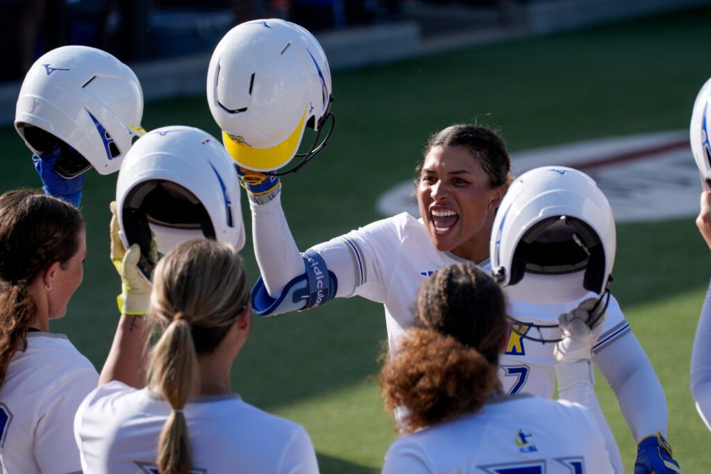 Maya Brady of the Oklahoma City Spark celebrates after hitting a home run during an AUSL softball game between the Oklahoma City Spark and the Texas Volts.