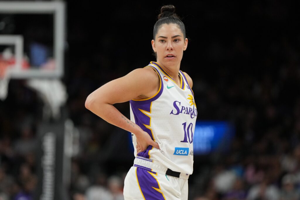 Los Angeles Sparks guard Kelsey Plum (10) celebrates after defeating the Phoenix Mercury in overtime at Mortgage Matchup Center ahead of tonight's Sparks vs Tempo game.