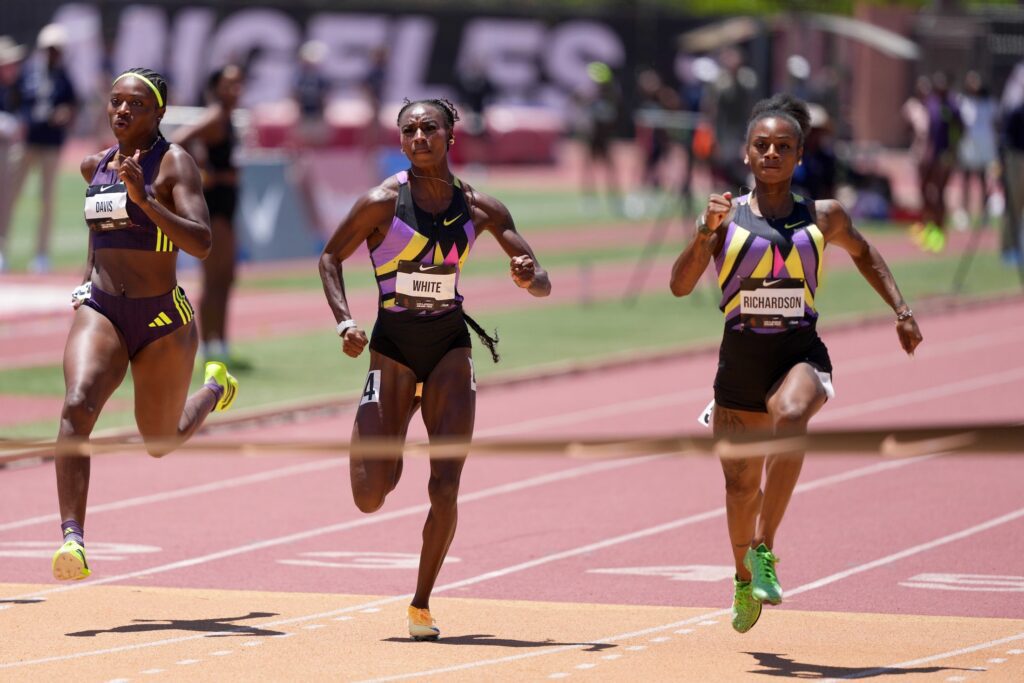 Sha'Carri Richardson (USA) defeats Kayla White to win the women's 100m during the USATF Los Angeles Grand Prix at Allyson Felix Field at Katherine B. Loker Track Stadium.
