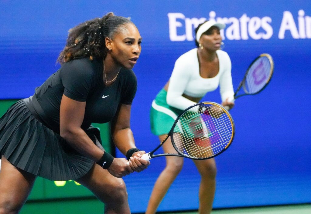 Serena Williams and Venus Williams of the USA play Lucie Hradecka and Linda Noskova of the Czech Republic in in women's doubles on day four of the 2022 U.S. Open tennis tournament at USTA Billie Jean King National Tennis Center ahead of the Wimbledon singles draw.