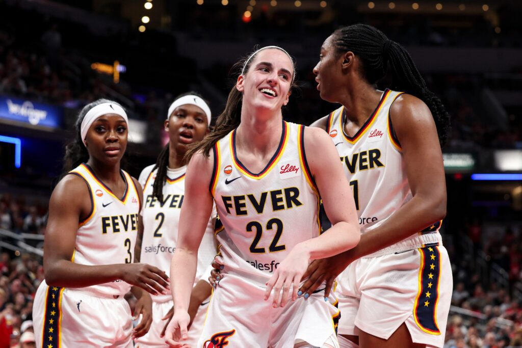Indiana Fever guard Caitlin Clark (22) stands up Tuesday, June 16, 2026, during the second half of a game at Gainbridge Fieldhouse in Indianapolis. The Indiana Fever defeated the Toronto Tempo.