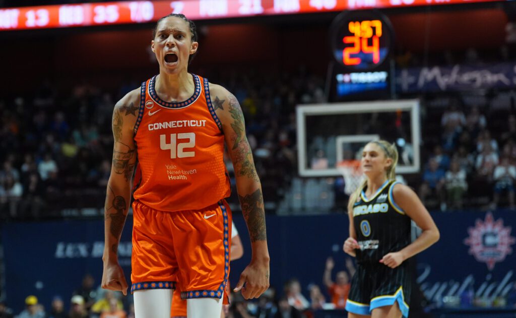 Connecticut Sun center Brittney Griner (42) is called for a technical after words with an official as they take on the Chicago Sky in the second half at Mohegan Sun Arena.