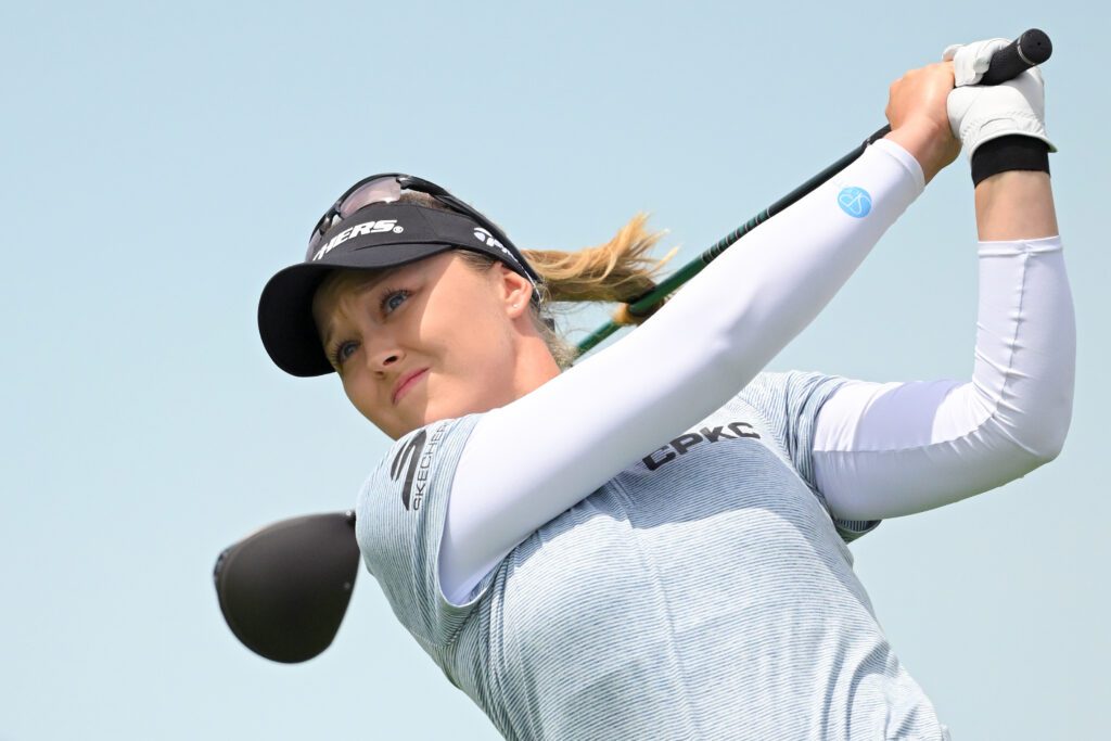 Brooke Henderson takes a tee shot off of hole 1 during the final round of the KPMG Women's PGA Championship golf tournament.