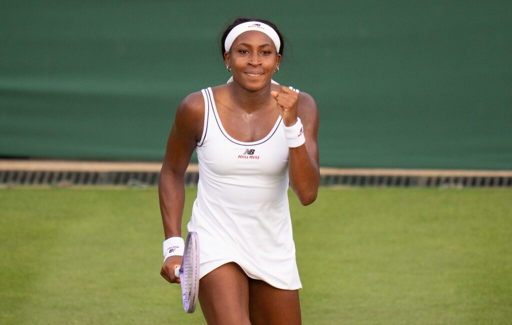 Coco Gauff of the United States celebrates winning her match against Tamara Korpatsch of Germany on day one at All England Lawn Tennis and Croquet Club.